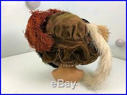 Edwardian velvet hat with ostrich feather plumes & beaded crest
