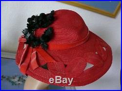 El Rita 1940`s Red Stunning Straw Large Woven brim Picture Hat Black Flowers