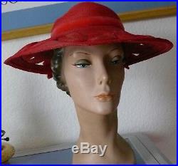 El Rita 1940`s Red Stunning Straw Large Woven brim Picture Hat Black Flowers