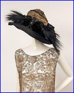 Elegant Edwardian Teens Gold Lame Wide Brim Hat W Pleat Silk + Feather + Pin