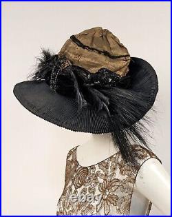Elegant Edwardian Teens Gold Lame Wide Brim Hat W Pleat Silk + Feather + Pin