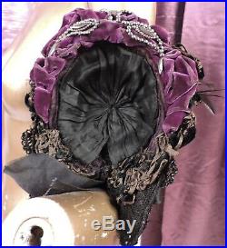 Elegant Victorian 1870s Jet Bead & Purple Velvet Evening Bonnet W Feathers