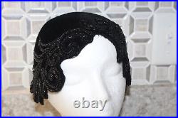 Elizabeth Hill Flapper Skull Cap Headband Black Velvet Beaded VTG