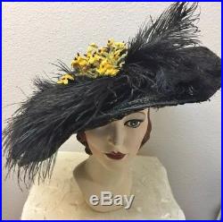 Enormous Edwardian Wired Black Lace Hat / Ostrich Feathers / Yellow Flowers