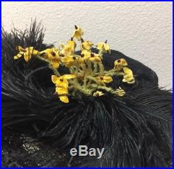 Enormous Edwardian Wired Black Lace Hat / Ostrich Feathers / Yellow Flowers