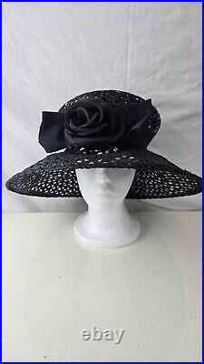 Eric Javits Women's Hat Black Wide-Brim Rose Detail Elegant Vintage Sun Fashion