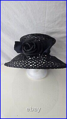 Eric Javits Women's Hat Black Wide-Brim Rose Detail Elegant Vintage Sun Fashion