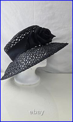 Eric Javits Women's Hat Black Wide-Brim Rose Detail Elegant Vintage Sun Fashion