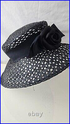 Eric Javits Women's Hat Black Wide-Brim Rose Detail Elegant Vintage Sun Fashion