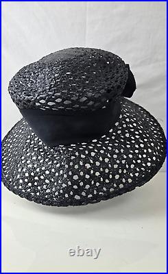 Eric Javits Women's Hat Black Wide-Brim Rose Detail Elegant Vintage Sun Fashion