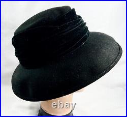 Eric Javits Womens Hat Black Wool Felt Velvet Band Wide Brim Vintg Fashion 11728