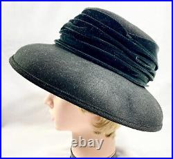 Eric Javits Womens Hat Black Wool Felt Velvet Band Wide Brim Vintg Fashion 11728