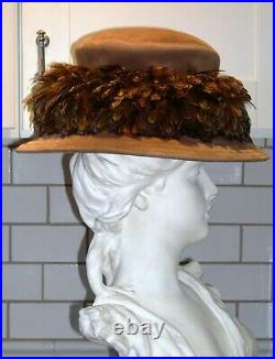Eric Javits hat, vintage Edwardian style, brown suede, feather trim, one size