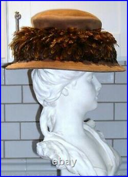 Eric Javits hat, vintage Edwardian style, brown suede, feather trim, one size
