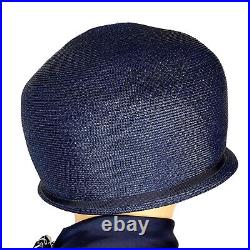 Evelyn Varon Exclusive Cloche Roadster Hat Blue Straw 1960s Mod GoGo Style