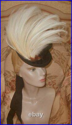 Exotic 1939 BIRD OF PARADISE Plumes Riding Top Hat Black Felt, O Ring I MAGNIN