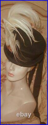 Exotic 1939 BIRD OF PARADISE Plumes Riding Top Hat Black Felt, O Ring I MAGNIN