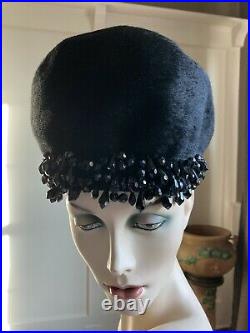 Exquisite Vintage Christian Dior Black Fur Felt Beaded Cocktail Hat
