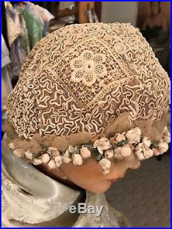 Exquisite Vtg. RARE 20's Soutache/Lace/Net/Rose Bud Wedding Cloche Hat