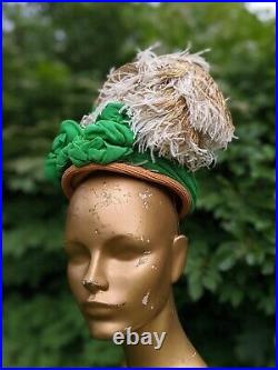 Extreme 1930s Straw Hat W Chiffon Trim & Dense Burnished Gold Ostrich Plumes