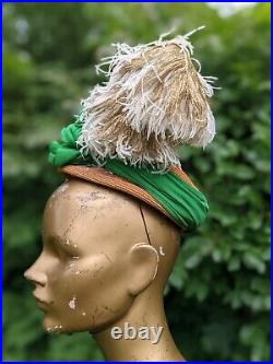 Extreme 1930s Straw Hat W Chiffon Trim & Dense Burnished Gold Ostrich Plumes