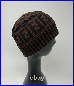 FENDI Vintage Zucca Monogram Beanie #40 Knit Wool Brown Black RankA