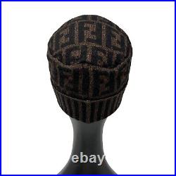 FENDI Vintage Zucca Monogram Beanie #42 Knit Hat Stripe Brown Wool RankAB+