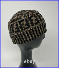 FENDI Vintage Zucca Monogram Beanie #42 Knit Wool Beige Black RankAB+