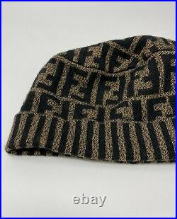 FENDI Vintage Zucca Monogram Beanie #42 Knit Wool Beige Black RankAB+