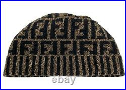 FENDI Vintage Zucca Monogram FF Logo Knit Beanie Head #42 Wool Brown RankAB+