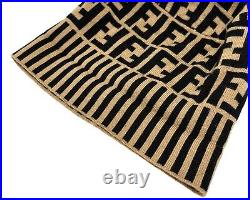 FENDI Vintage Zucca Monogram Knit Beanie #42 Cap Stripe Beige Black Wool RankAB+