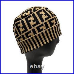 FENDI Vintage Zucca Monogram Knit Beanie #42 Hat Stripe Brown Black Wool RankA