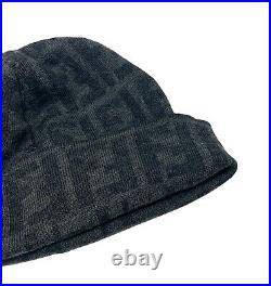 FENDI Vintage Zucca Monogram Knit Beanie Cap #42 Hat Wool Gray Black RankAB+
