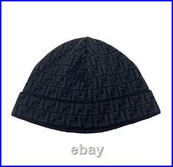 FENDI Vintage Zucchino Monogram Knit Beanie Hat Accessory Gray Wool Rank AB