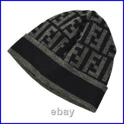 FENDI Zucca Pattern Knitted Hat Gray Black Wool Italy Vintage Authentic AK31459f