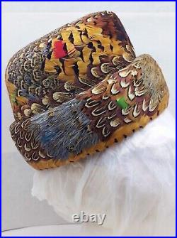 FISK HATS Feather Pillbox Vintage Hand Made with Original Box Pheasant Small