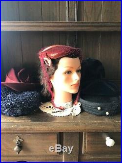 FREE SHIP Lot Of 6 Vtg Womens Hats And Skull Caps 1940s Pillbox Velvet Felt