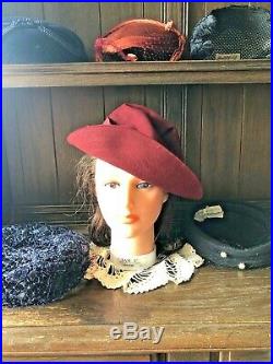 FREE SHIP Lot Of 6 Vtg Womens Hats And Skull Caps 1940s Pillbox Velvet Felt