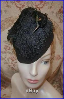 FRENCH 1930s AGNES, PARIS, BIRD OF PARADISE in Silk Fringe Nest, Black DECO Hat VG