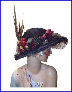 Fab Antique Vtg Edwardian Post Titanic Teens Womens Straw Hat W Fruit Feathers