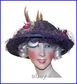 Fab Antique Vtg Edwardian Post Titanic Teens Womens Straw Hat W Fruit Feathers