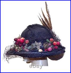 Fab Antique Vtg Edwardian Post Titanic Teens Womens Straw Hat W Fruit Feathers