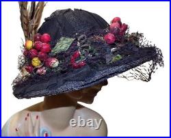 Fab Antique Vtg Edwardian Post Titanic Teens Womens Straw Hat W Fruit Feathers