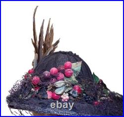 Fab Antique Vtg Edwardian Post Titanic Teens Womens Straw Hat W Fruit Feathers