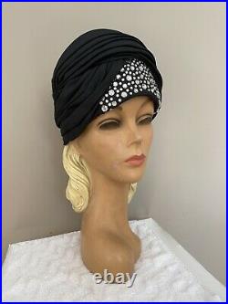 Fabulous Vintage Jack Mcconnell Red Feather Black Silk Turban With Crystals