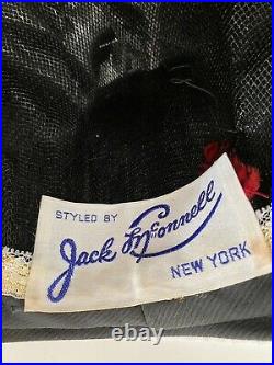 Fabulous Vintage Jack Mcconnell Red Feather Black Silk Turban With Crystals