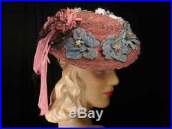Fabulous vtg.'40s pink straw TILT hat with pink & blue flowersWorld War II