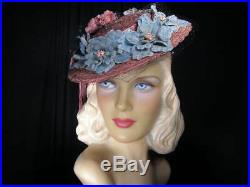 Fabulous vtg.'40s pink straw TILT hat with pink & blue flowersWorld War II