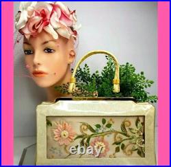 Fascinator Hat and Vinyl Floral Millinery Handbag Purse Lorseys 1950s Silk Rose