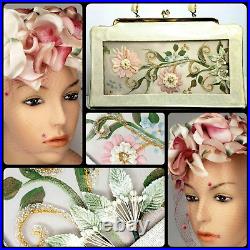 Fascinator Hat and Vinyl Floral Millinery Handbag Purse Lorseys 1950s Silk Rose